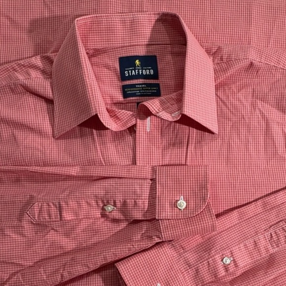 Stafford Mens 15 1/2 32-33 Button Up Dress Shirt Pink White Plaid Long Sleeve - Picture 2 of 8